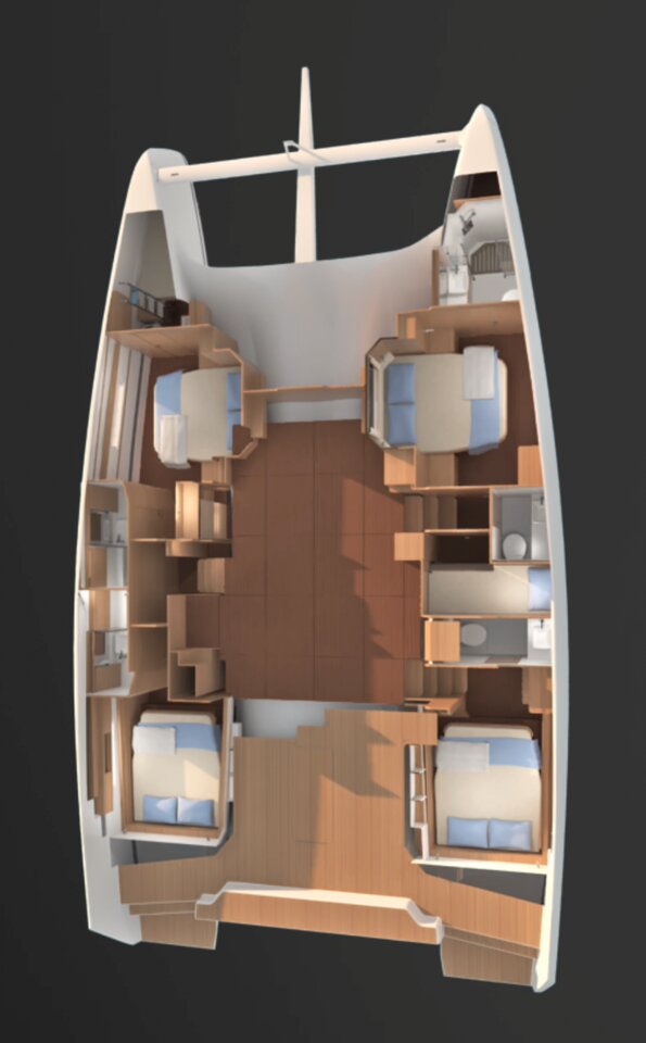 Spacious interior layout of Angela featuring elegant wood finishes and ample natural light.