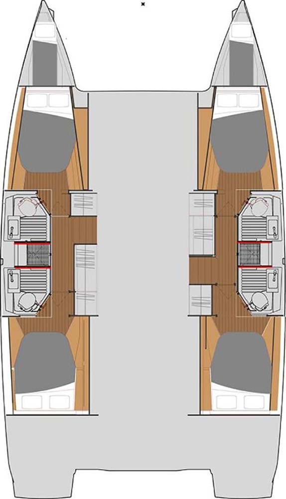 Spacious layout of Bella V's interior, showcasing elegant wood finishes and modern design.