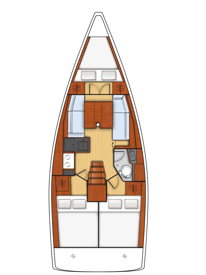 Spacious interior layout of IDILA featuring elegant wood finishes and comfortable seating.