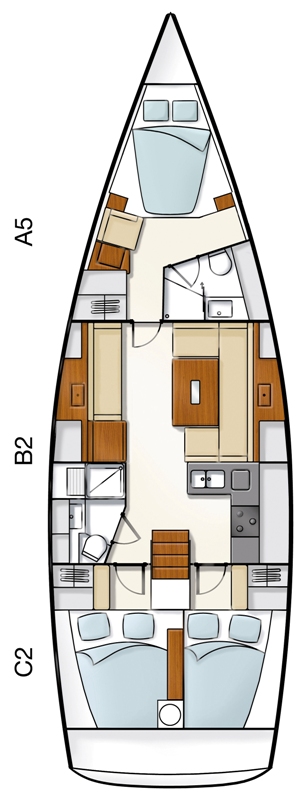 Elegant layout of Tria S. featuring spacious cabins and modern kitchen design.